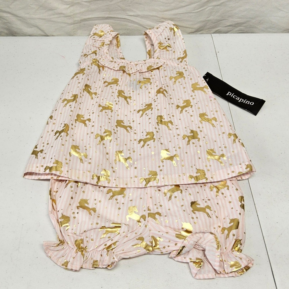 picapino Unicorn 2-Piece Short Set Toddler Girl 24M Pink Gold Foil Stripe Ruffle
